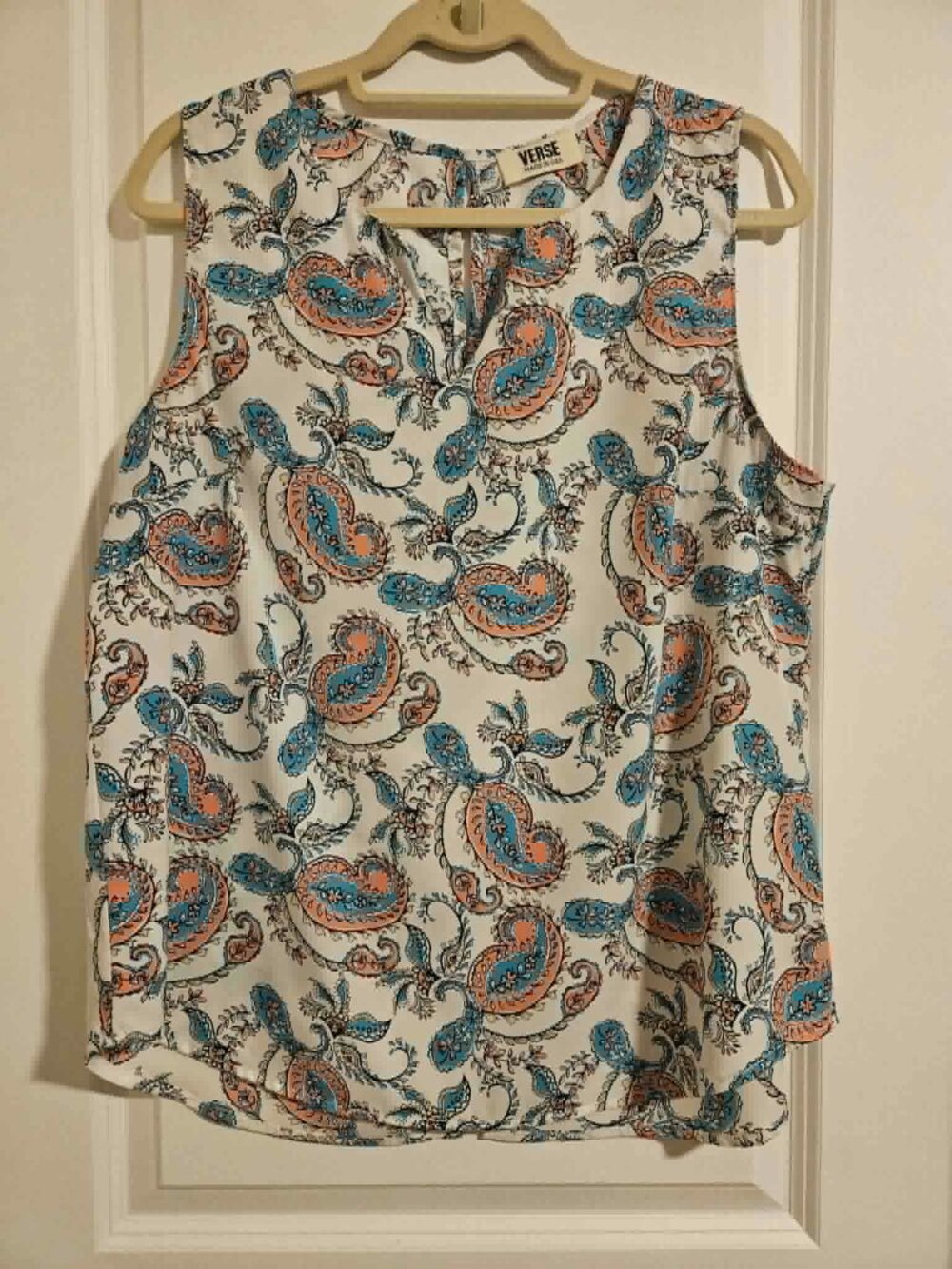 Verse Paisley Sleeveless Blouse XL Boho Coral Blue Cream Lightweight